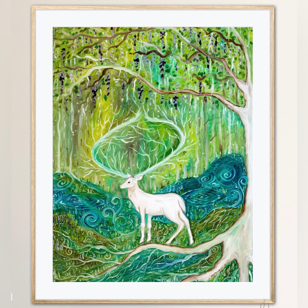 Sacred Stag Healing Forest Art Print Oil Painting whimsical fantasy fairycore - Picture 1 of 7
